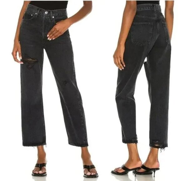 AGOLDE Womens 90s Crop Distressed Ripped Button Fly Jeans Size 32 Black AN EXC - Picture 1 of 12